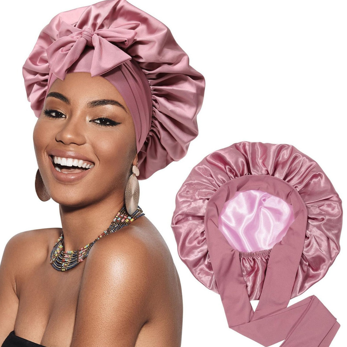 Bow bow ribbon nightcap single-layer color Ding round hat long tail hair care hat