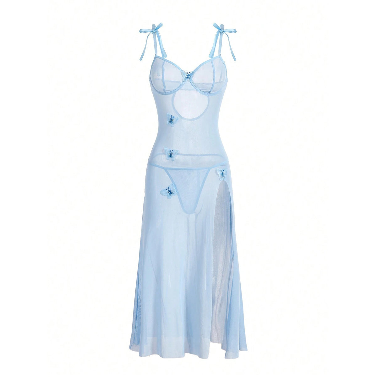 Sexy Sheer Mesh Tempting Lace Backless High Slit Light Blue Lingerie Strap Dress